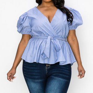 Beautiful Denim Blue V-neck peplum style blouse